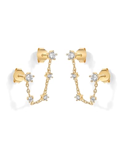 PAVOI 14K Gold Plated Delicate CZ Chain Earrings for Women - Double Piercing Dangle Chain Studs - Cubic Zirconia Earscapes3