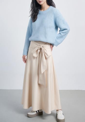 Famnbro Womens Satin Maxi Skirt High Waist Tie Front A-Line Novelty Elegant Work Business Swing Skirts with Pocket3