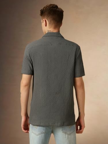 Image of Dennis Lingo Men's Half Sleeve Cuban Collar Solid Textured Relaxed Fit Casual Shirt
