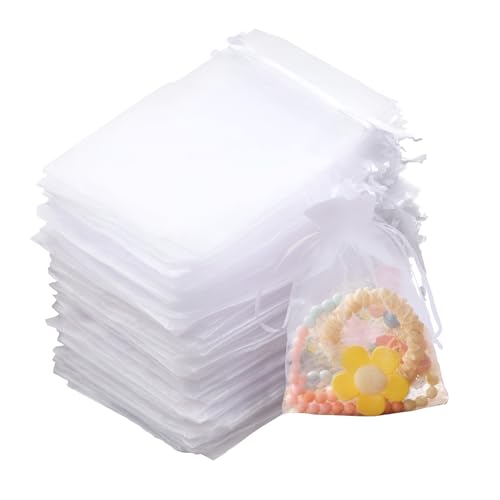 100 pezzi sacchetti organza 10x15 bianchi, piccoli con coulisse, ideali come sacchetti confetti per gioielli, dolcetti, bomboniere matrimonio, compleanni e feste