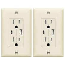 TOPGREENER 2-Port USB Outlet, Type C USB Wall Outlet, 15 Amp TR Receptacle Plug, Charging Power Outlet with USB Ports, Wall Plate Included, TU21536AC-LA-2PCS, Light Almond, 2 Pack