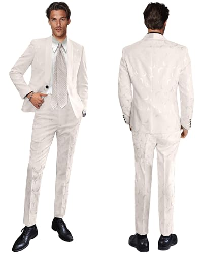 Wemaliyzd Men's 2 Pcs Suit Shawl Lapel Classic Patterned Wedding Blazer Separate Pants(Ivory,52R)2