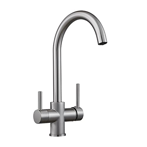 Grifo mezclador de cocina de 3 vías, color negro, con caño giratorio de 360° y purificador de agua potable. Grifo elegante y funcional para uso doméstico.