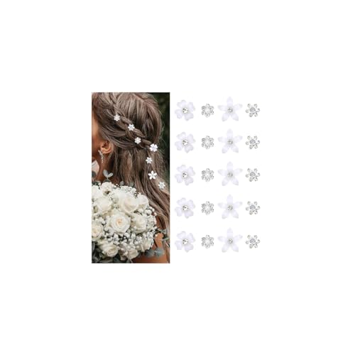 Mezrkuwr Lot de 20 pinces à cheveux blanches avec petites fleurs, minis épingles à cheveux en strass métal pour femmes, barrettes de mariée pour filles,...
