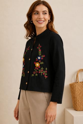 Image of RIEKA Womens Off White Cotton Shirt with Multicolour Floral Embroidery Button Down Mandarin Collar Relaxed Fit Casual Wear Top