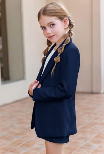 Image of Batermoon Girls 2 Piece Outfits Button Front Long Sleeve Blazer and Short Pants Suit Sets 4-14 Years