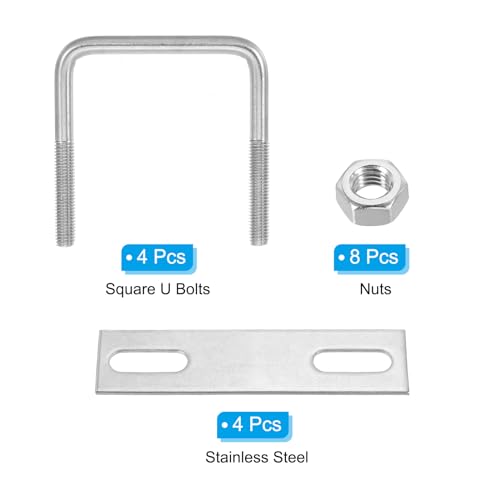Image of PATIKIL M8x70x70mm Square U-Bolts Kit, 4Set 304 Stainless Steel Square U Shaped Bolts Replacement Parts with Frame Plates and Nuts for Ski Board Sailboat Trailer