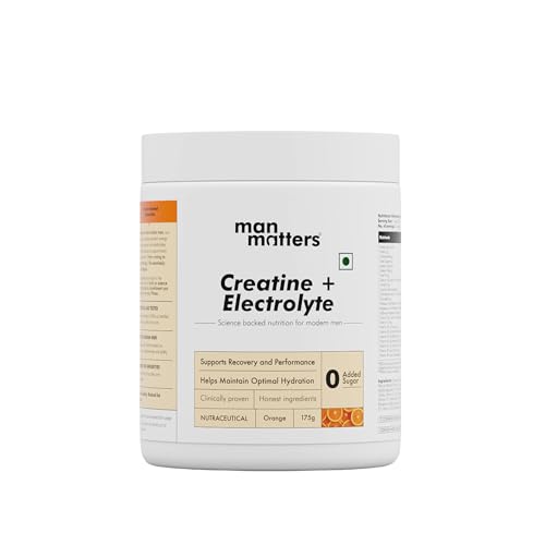 Image of Man Matters Creatine Electrolytes Powder 175g | 3g Creatine Monohydrate with Sodium, Potassium, Magnesium | I Improves Muscle Strength, Hydration & Recovery | 0 Added Sugar & 0 Calories | Orange