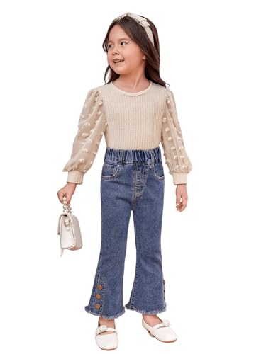 Image of Floerns Girl's Contrast Mesh Swiss Dots Tee Shirts Lantern Sleeve Round Neck Tee Tops Apricot 6Y