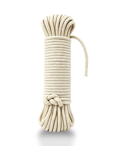 Braided Cotton Rope 100 Ft × 3/16 Inch, White Rope Clothes Line Outdoors All-Purpose, Heavy Duty Cotton Cord for Crafts, Laundry, Camping, DIY Projects