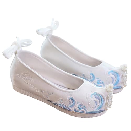 Women Chinese Style Shoes Silk Flats Vintage Pearl Mary Jane