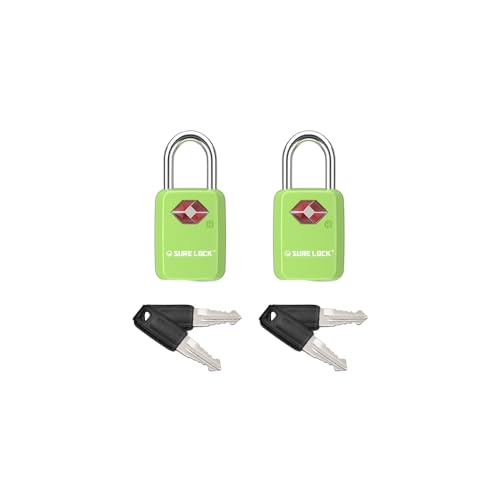 SURE LOCK TSA Approved Luggage Locks - One Key Opens All, Compact & Durable Zinc Alloy Travel Lock with Steel Shackle, Keyed Alike (Green 2 Locks, Mini Size for Suitcase/Backpack/Gym Locker)