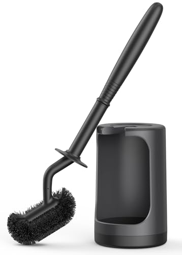Image of HAMITOR Toilet Bowl Brush Holder Set: Curved Design with Holder for Deep Cleaning Under Rim - Compact Hidden Scrubber for Small Space - Modern RV Bathroom Accessories - Black