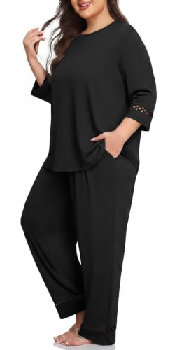 Womens Plus Size Pajama Set 3/4 Sleeve Lace Top Pants Lounge Set - image 2