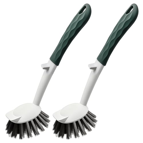 DMBMHMBDF Dish Brush, 2 Pack with Comfortable Handle, with Built-in Scraper, Scrub Brush with Stiff Bristles for Cleaning Dishes, Sink, Pots(Green)
