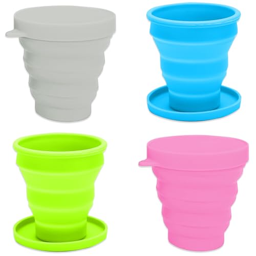 YUDAWN Faltbare Silikon-Becher, 4 Stück Faltbarer Reisebecher Outdoor Wiederverwendbares Tragbares Faltbarer Kaffeebecher Faltbecher Bundeswehr mit Deckel für Camping Reisen (150ML)