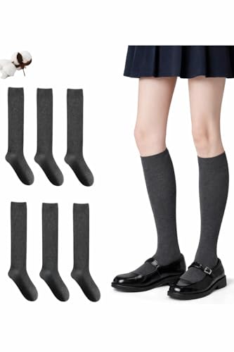 CYS Calcetines 6 Pares De Colegio Escolares Medias Largos Altos Algodón Hasta rodillas Lisos Para Niñas Niños Infantiles Uniformes Unisex (35-38, GRIS MARENGO)
