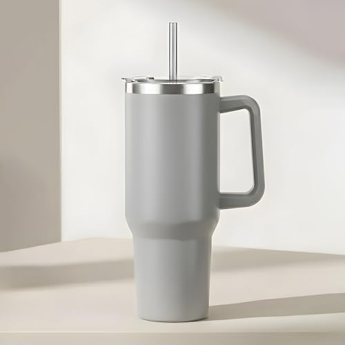 fixeify Caroc Haoying ISI Certified Double Wall Insulated Tumbler 1300ml | SUS304 Stainless Steel Thermal Cup with Straw & Handle | Leakproof Hot & Cold Flask | Frosted Texture (Grey)