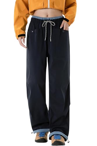 [MORGEN SKY] レディース トレッキングパンツ カーゴパンツ カジュアル ワイドパンツ アウトドアロングパンツ 登山 ゆったり ウエストゴム 裾絞り 作業着 無地 CK2599 (JP, アルファベット, S, ネイビー)