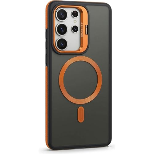 Samsung S25 Ultra Case with Magnetic Ring Stand Sliding Camera Cover Shockproof Clear Back Protective Case Heavy Duty Bumper Wireless Charging Compatible Black Orange