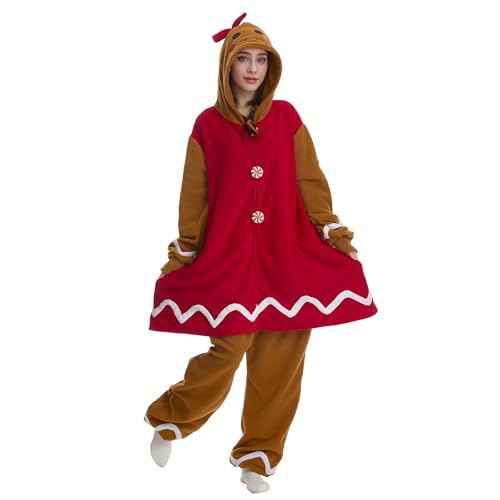Supodon Adult Onesie Christmas Gingerbread Costume Unisex Cosplay Pajama Cute One-Piece Cosplay Jumpsuit for Women