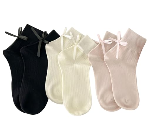 Women's Bow Crew Socks - Cotton Sweet Lolita Dress Breathable Soft Girls' Socks - 3 Pairs