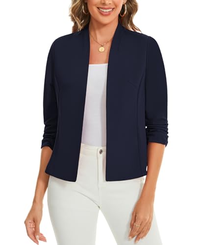 MINTLIMIT Women's Collarless Blazer Ruched 3/4 Sleeve Open Front Business Work Office Jacket Blazers