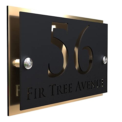 K Smart Sign | Simpatico | Modern laser Cut House Signs 3d effect door number address style sign plaques address numbers | 200mm x 130mm (Gold Mirror & Matt Black)