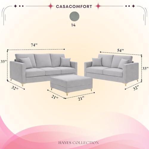 Image of Hayes Rich Velvet Suede 3 Seater + 2 Seater Sofa Set with Ottoman | Golden Aesthetic Legs | 6 Person Seating Capacity | Spacious Soft Touch Comfort | Modern Living Room Sofa (Light Gray)