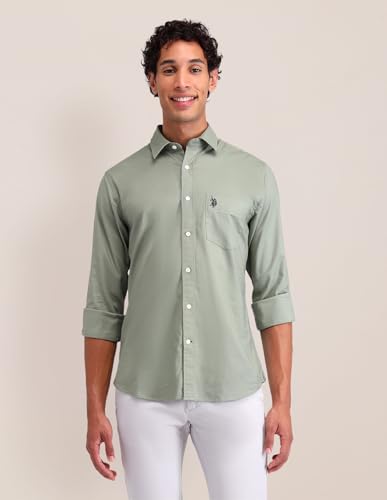 Image of U.S. POLO ASSN. Solid Tailored Fit Shirt for Men - 100% Cotton, Breathable & Comfortable, Full Sleeves Casual Shirt for Men