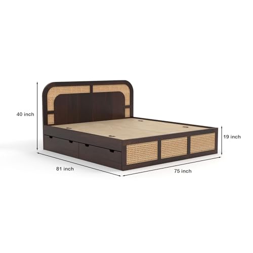 Image of Sheesham Wood Cane Bed with Drawer Storage for Bedroom | King Size Wooden Double Bed Palang with Curved Rattan Headboard & Footboard (Walnut Finish)