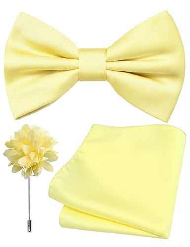 Branduce Light Yellow Bow Tie for Men Wedding Solid Satin Silk Bowties Pocket Square and Lapel Pin Brooch Set (BB07-11)