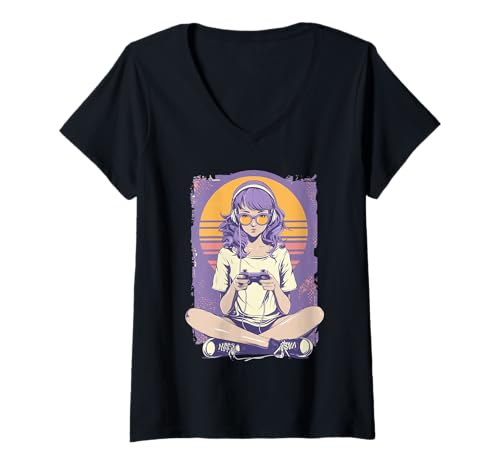 Womens Retro Anime Gamer Girl V-Neck T-Shirt