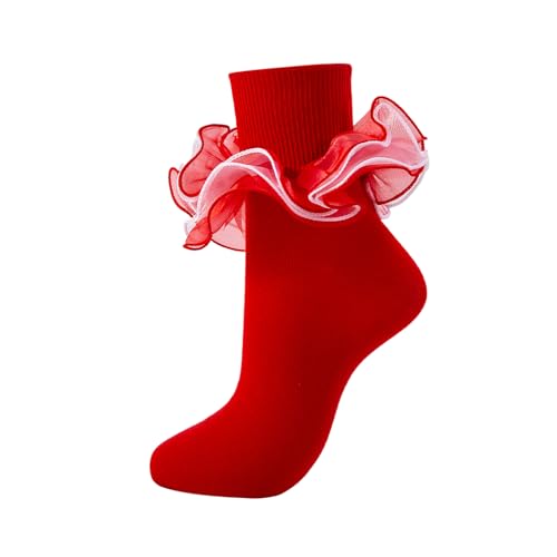 MKYSZLT Women Big Ruffle Ankle Socks Adult Fluffy 4-Layer Lace Frilly Socks Fold Cuff Cotton Fancy Ruffled Dress Bobby Sock (US Numeric 6 9 Regular Regular Red - 1 pair)