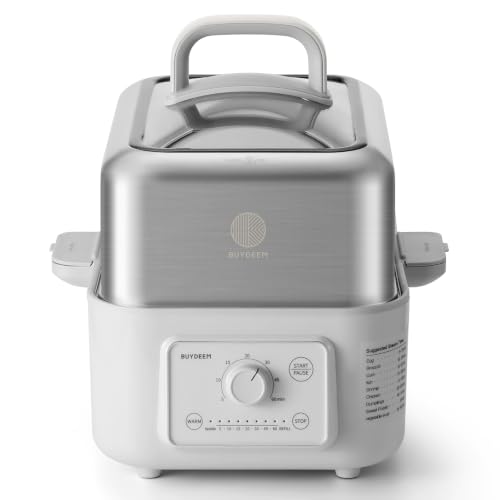 Image of BUYDEEM G52 5.3Qt Electric Food Steamer for Cooking, Oat White | 1-3 People, 2-hour Keep Warm, 7 Preset Timings, Dual Boil-Dry Protection, Stainless Steel, Glass Lid