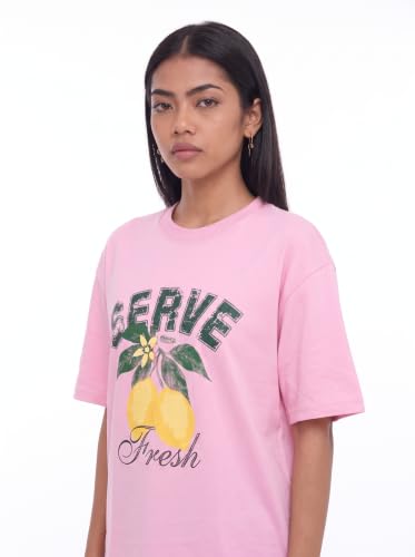 Image of Amazon Brand - Serve Women's Oversized Graphic T-Shirt | Cotton Printed Crew Neck Tee | Half Sleeve Loose Fit