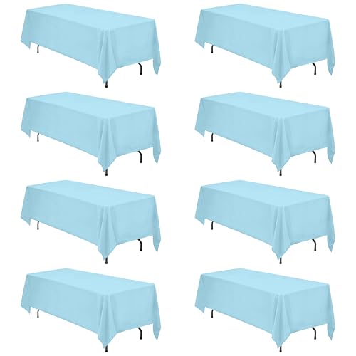Image of BRILLMAX 8 Pack Light Blue Tablecloth 70x120 Inch for 6-8ft Rectangle Table | 150 GSM Polyester Fabric, Universal Fit, Water, Stain & Wrinkle Resistant Cloth Cover for Wedding Reception Banquet Party