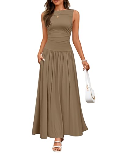 ZESICA Women's Summer Sleeveless Maxi Dress 2026 Casual Crewneck Pleated Flowy Long Dress with Pockets,Khaki,Small