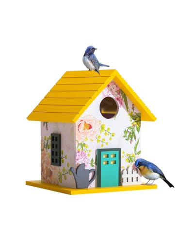 Spring Melody Bluebird House, Composite Material Nesting Box, Hanging Birdhouse for Blue Bird,Sparrow, Chickadee, Birdhouse for Outside, 5 Years Weatherable Bird Box on Post for Pole (Garden Cottage)