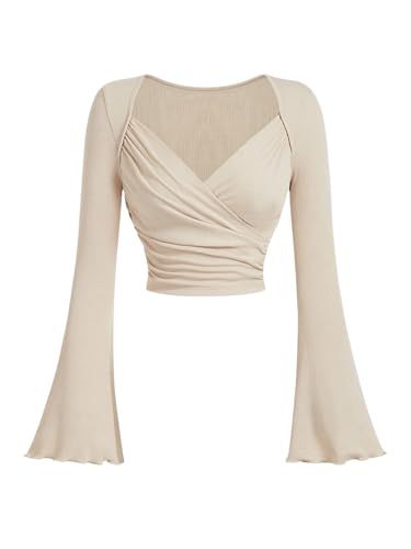 Floerns Women's Wrap Sweetheart Neck Bell Sleeve T Shirts Ruched Rib Knit Crop Tops Apricot Medium