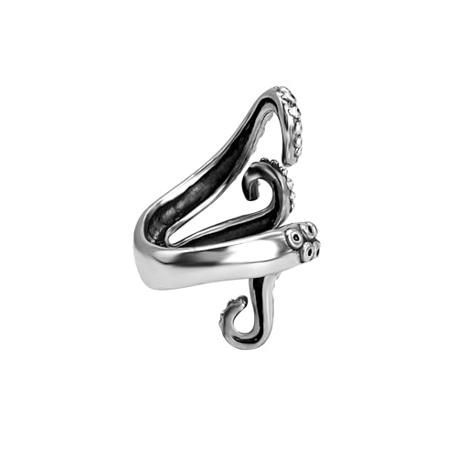 Wraparound Sterling Silver Ring With Octopus Legs Arms - 925 Silver Statement Summer Jewelry - Ocean Kraken Half-Finger Design - Nautical Beach Thumb Ring - Extra Wide Boho Wrap Rings3