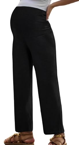 FEOYA Pantalones de maternidad Palazzo para mujer, pierna recta, pantalones de pierna ancha, soporte suave para el vientre, elásticos, ajustables, cintura alta, pantalones de embarazo para yoga,