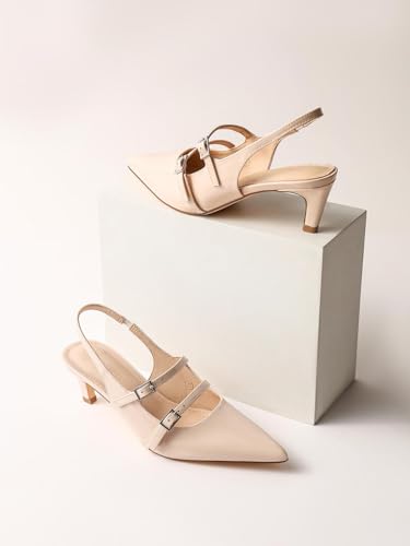 Image of Coutgo Womens Slingback Kitten Heels Mary Jane Pumps Closed Pointed Toe Buckle Strap Wedding Dress Shoes