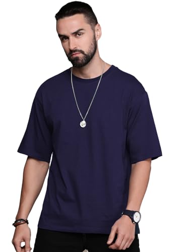 Image of LEOTUDE Half Sleeve Oversized Tshirt for Men, Round Neck Cottonblend Drop Shoulder Solid T-Shirt (Color Multicolor)