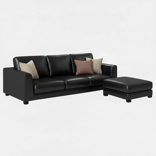Image of FURNY Revona 4 Seater L Shape Sofa Set with Movable Ottoman | Flexible Left or Right Layout | Premium Leatherette Upholstery (Black) | Perfect for Living Room, Guest Room & Office