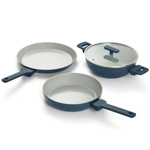 Image of Ember Cookware Arcilla Ceramic Non Stick Cookware Set of 3 | Frying Pan 24 cm, Kadai 2.6 Litre with Glass Lid & Tawa 28 cm | Non Toxic Cookware | Gift Set | ISI Certified | 5-Year Warranty | Blue