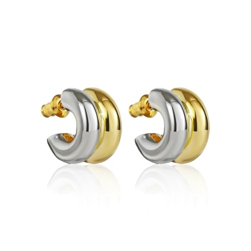 Double Hoop Earrings for Women 14K Gold Plated Two Tone Gold & Silver Huggie Hoop Earrings Lightweight Hypoallergenic Trendy Geometric Jewelry Gift
