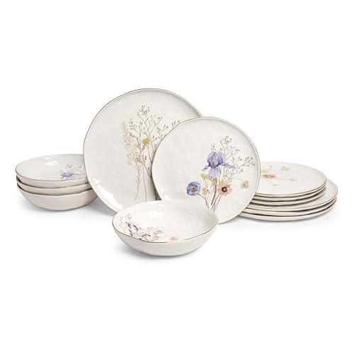 Sango 12-Piece Luxury Porcelain Dinnerware Set for 4- Glossy White Plates and Bowls Sets with Wildflower Patterns and Gold Rims, Ceramic Dish Set, Elegant Dishes for Everyday Dining, Gansevoort by SANGO - Used condition - US$62.99