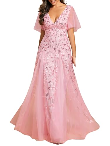 Ever-Pretty Women's Sequin Formal Dress Sparkly V-Neck Short Sleeve A-Line Floor Length Prom Evening Gown Pink US14