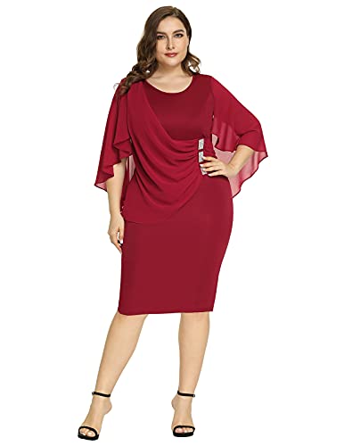 Hanna Nikole Women's Chiffon Overlay Ruffle Sleeve Party Cocktail Bodycon Mini Dress Wine 16W #TOP3